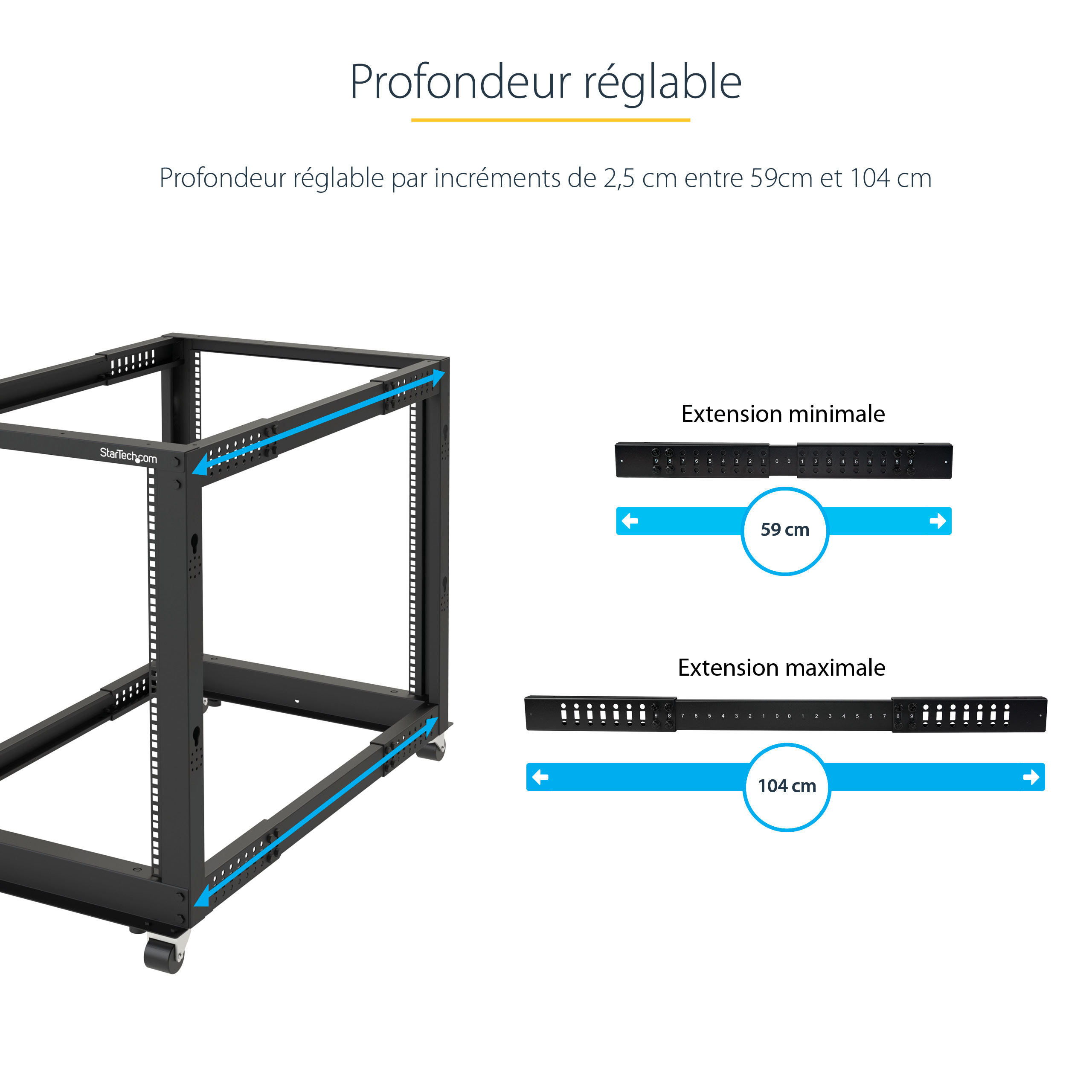 StarTech.com Rack de serveur réglable à cadre ouvert 12U 4 montants - Bâti rack avec roulettes et gestion de câbles (4POSTRACK12U) - Rack cadre ouvert - noir - 12U - pour P/N: CABSCREWM5B, CABSCREWSM5, CABSCREWSM5B, CABSCREWSM62, CABSCREWSM6B, CABSCRWS122