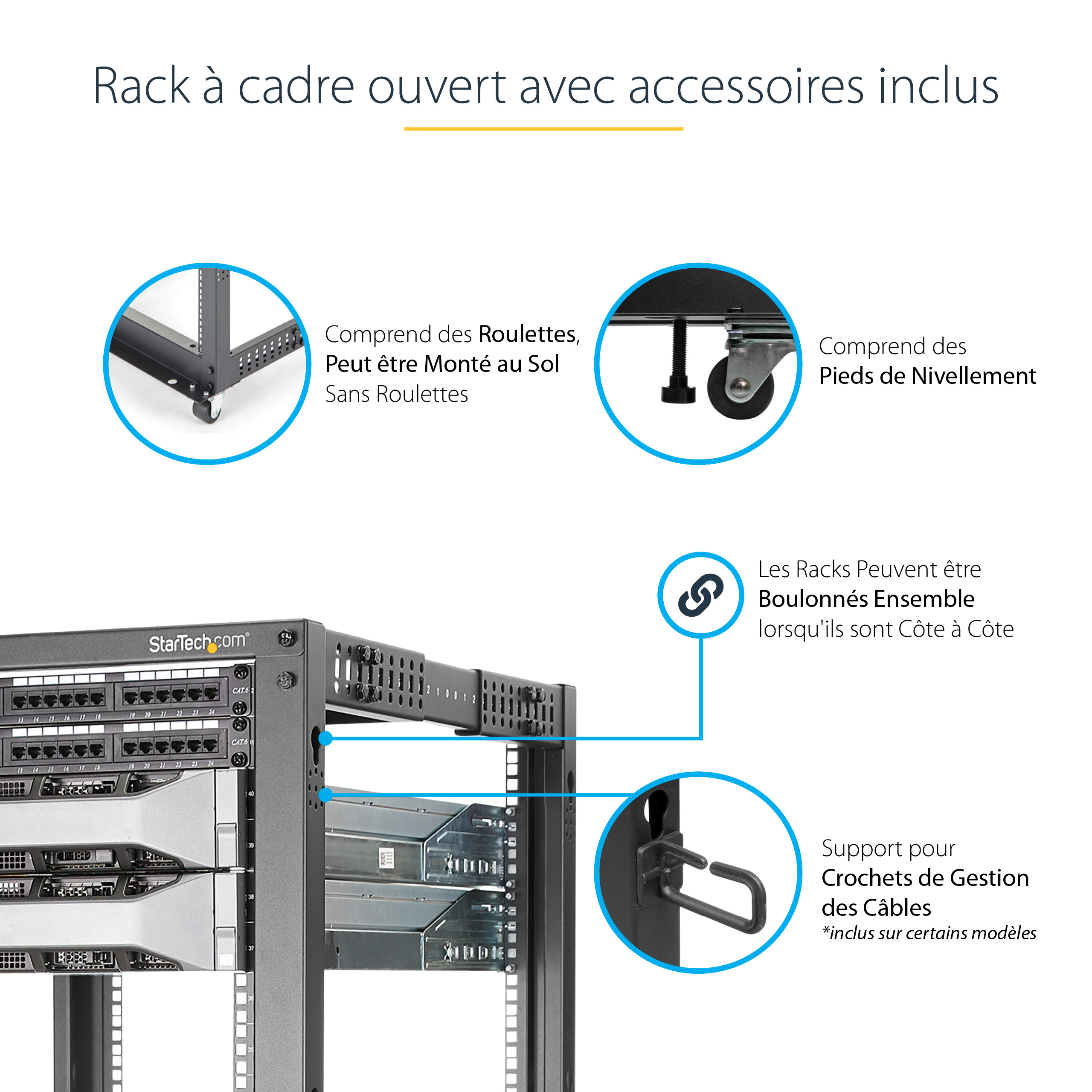 StarTech.com Rack de serveur réglable à cadre ouvert 12U 4 montants - Bâti rack avec roulettes et gestion de câbles (4POSTRACK12U) - Rack cadre ouvert - noir - 12U - pour P/N: CABSCREWM5B, CABSCREWSM5, CABSCREWSM5B, CABSCREWSM62, CABSCREWSM6B, CABSCRWS122