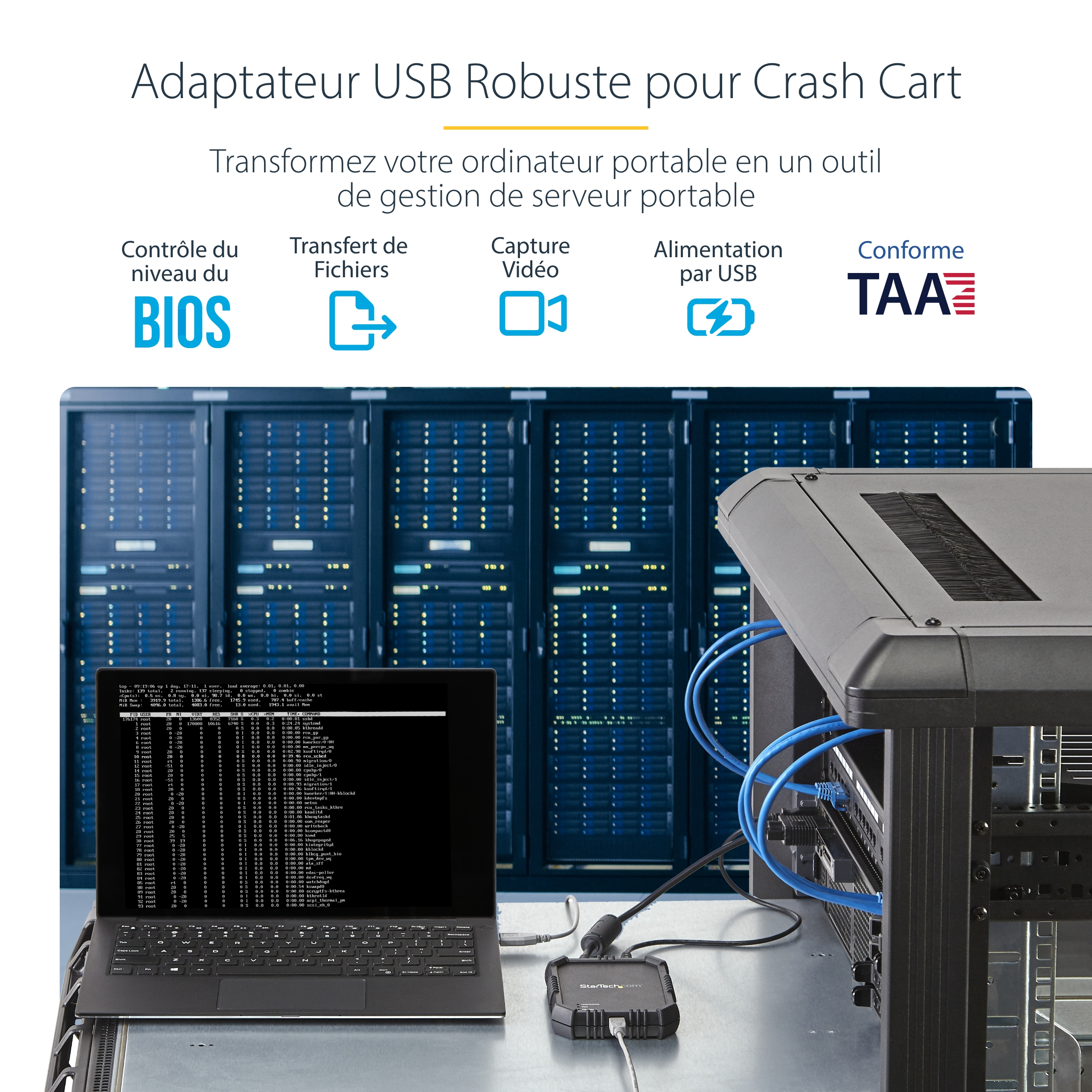 StarTech.com Adaptateur crash cart pour PC portable avec boîtier durable - Console KVM USB avec transfert de fichier et acquisition vidéo - Commutateur KVM - 1 x KVM port(s) - 1 utilisateur local - de bureau