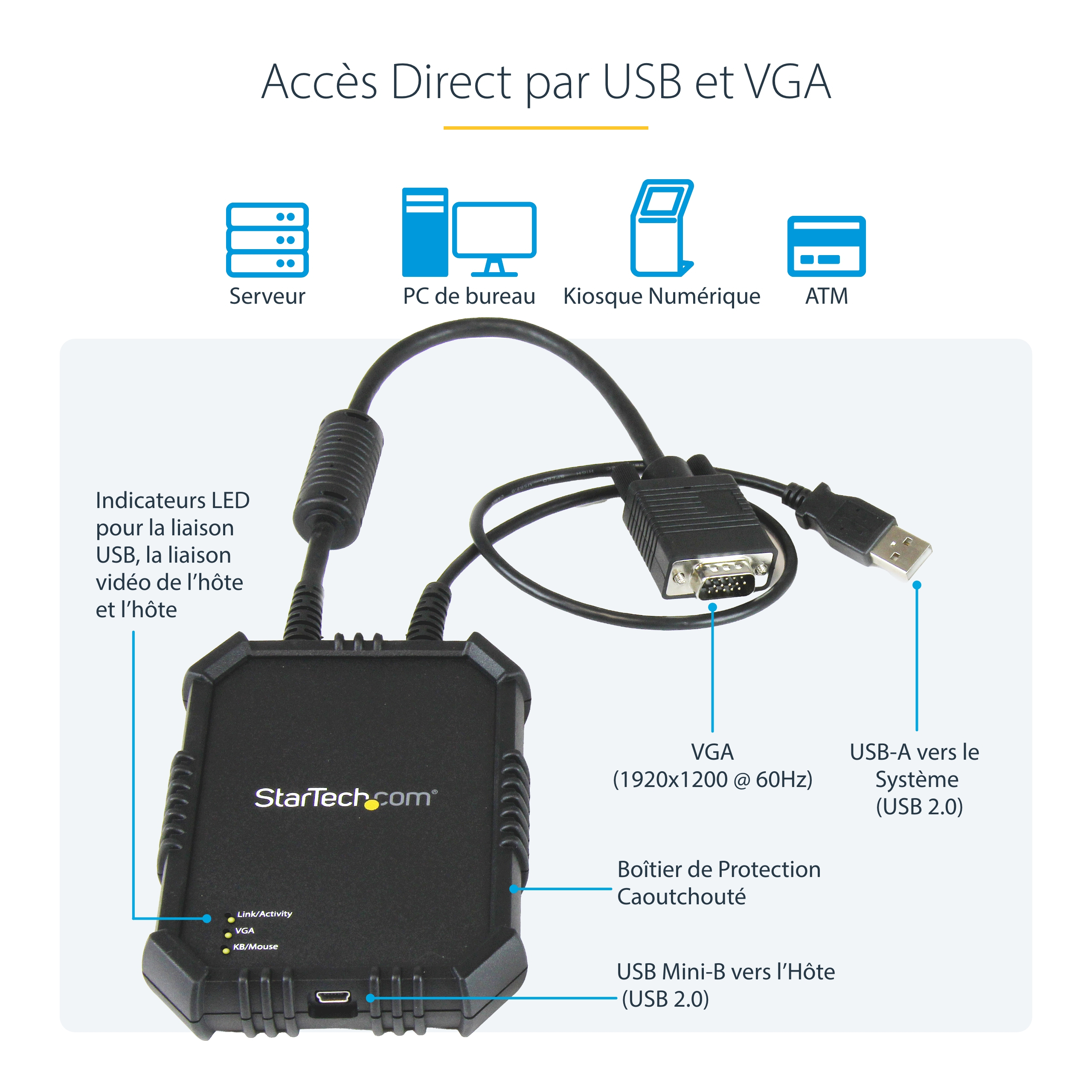 StarTech.com Adaptateur crash cart pour PC portable avec boîtier durable - Console KVM USB avec transfert de fichier et acquisition vidéo - Commutateur KVM - 1 x KVM port(s) - 1 utilisateur local - de bureau