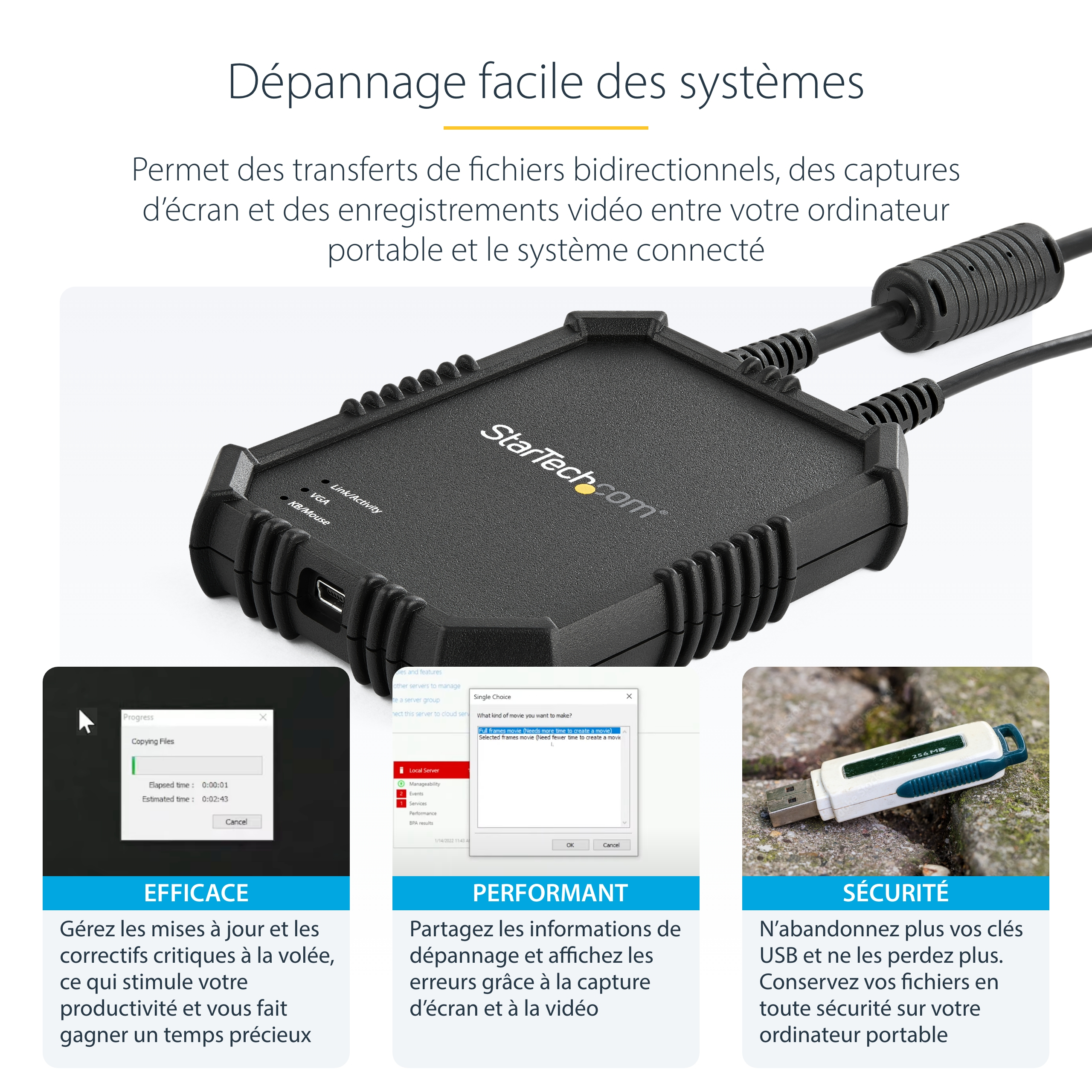 StarTech.com Adaptateur crash cart pour PC portable avec boîtier durable - Console KVM USB avec transfert de fichier et acquisition vidéo - Commutateur KVM - 1 x KVM port(s) - 1 utilisateur local - de bureau