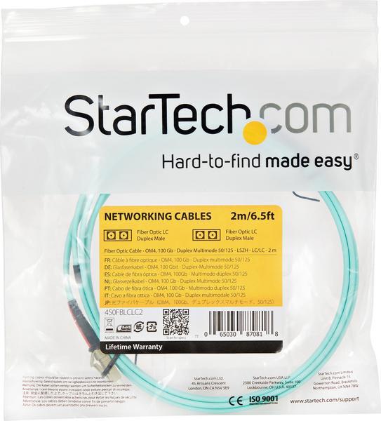 StarTech.com Aqua OM4 Duplex Multimode Fiber - 2m / 6 ft - 100 Gb - 50/125 - OM4 Fiber - LC to LC Fiber Patch Cable (450FBLCLC2) - Câble réseau - LC multi-mode (M) pour LC multi-mode (M) - 2 m - fibre optique - duplex - 50 / 125 microns - OM4 - turquoise
