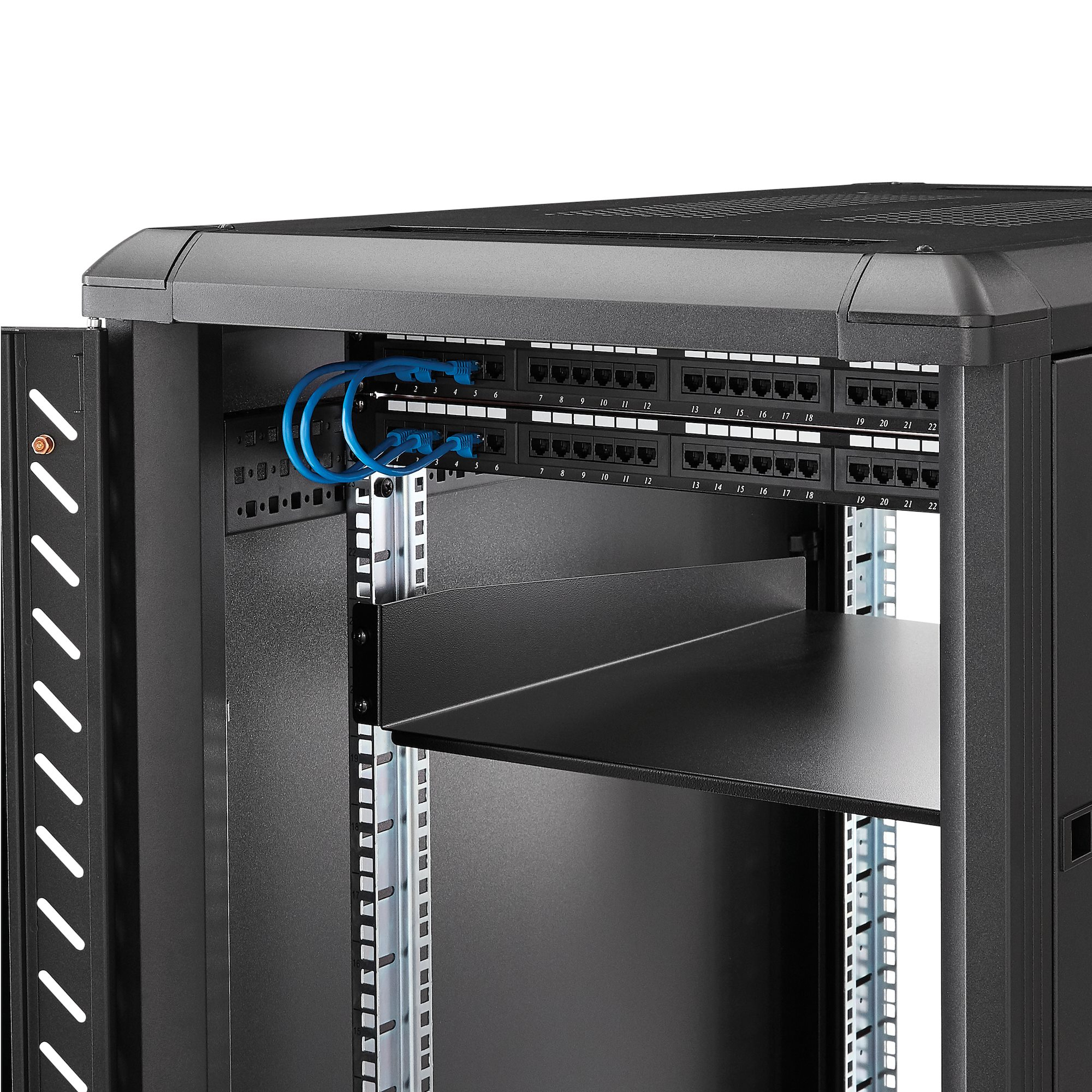 StarTech.com Etagère fixe montée en rack 2U 22 pouces - 22 kg - Étagère pour rack - noir - 2U - 22" - pour P/N: RK12OD2, RK2433BKM, RK2537BKM, RK3236BKF, RK4236BKB, RK4242BK24, RK4242BK30