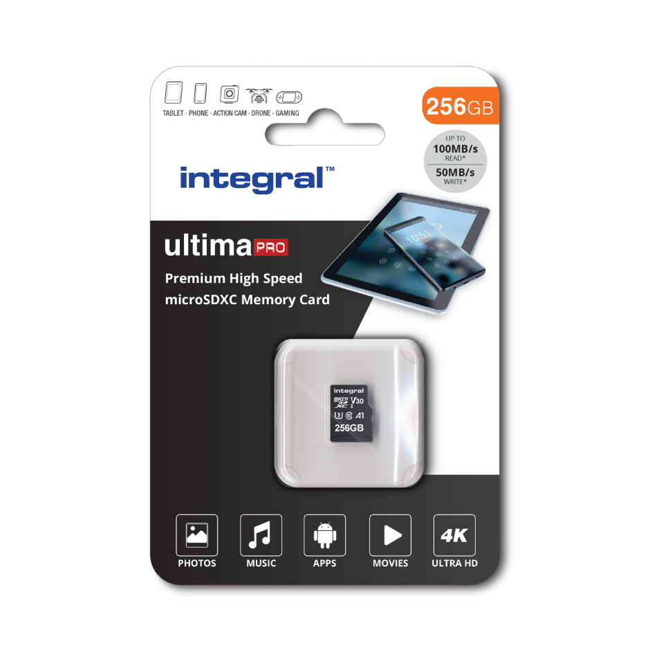 Integral UltimaPro - Carte mémoire flash (adaptateur microSDXC vers SD inclus(e)) - 256 Go - A1 / Video Class V30 / UHS Class 3 / Class10 - microSDXC UHS-I - noir