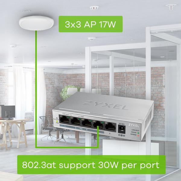 Zyxel GS1005HP - Commutateur - non géré - 4 x 10/100/1000 (PoE+) + 1 x 10/100/1000 - fixation murale, de bureau - PoE (60 W)