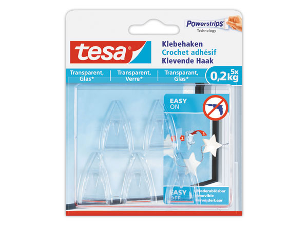 1 Etui de 5 Crochets adhésifs 0,2kg surfaces transparentes