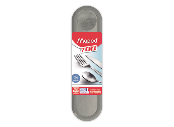 1 Boîte plastique contenant fourchette, couteau et petite cuillère. Gris