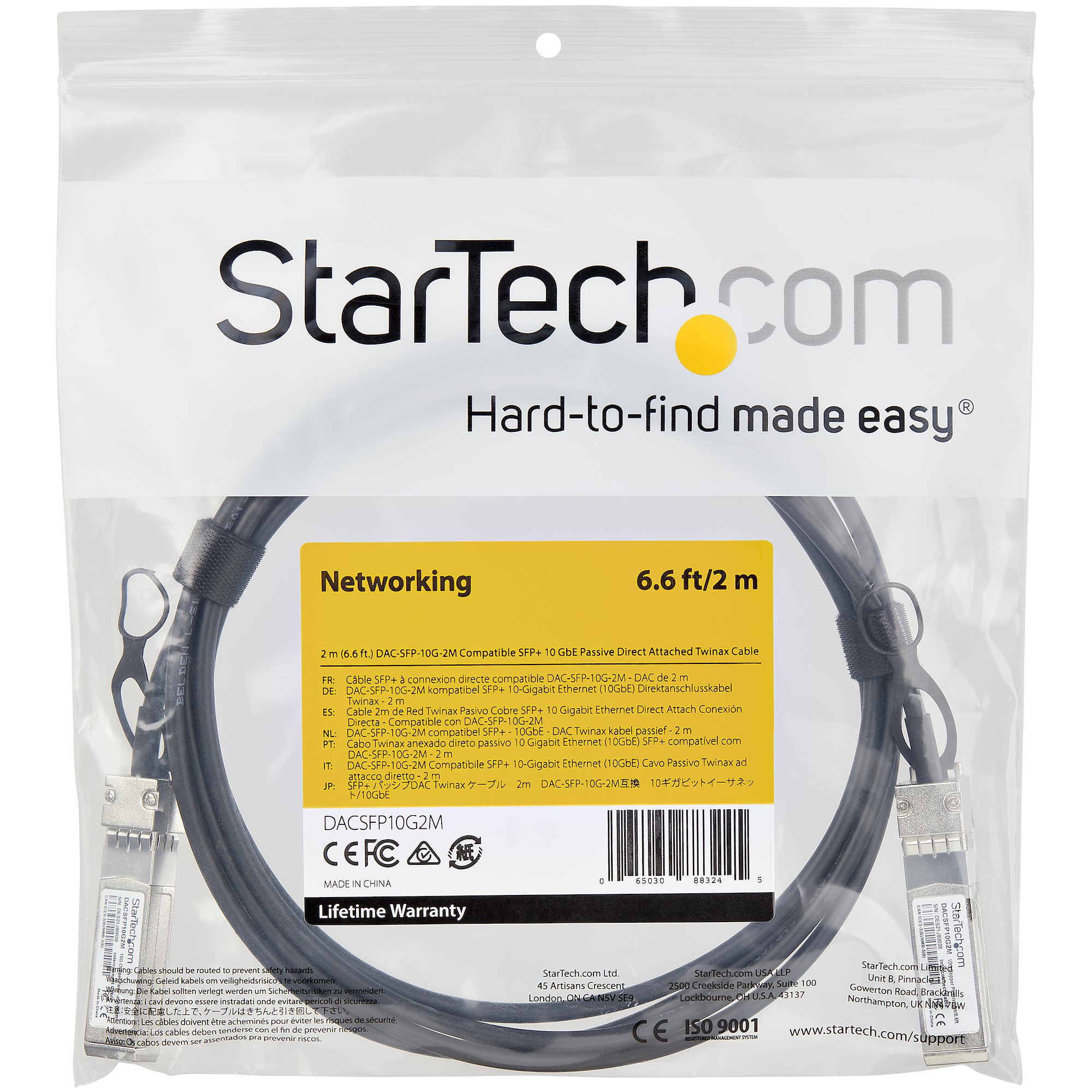 Le DACSFP10G2M est un câble SFP+ en cuivre à raccordement direct compatible Dell EMC DAC-SFP-10G-2M, qui est conçu, programmé et testé pour fonctionner avec des commutateurs et des routeurs compatibles avec la marque Dell EMC et qui respecte les normes MS