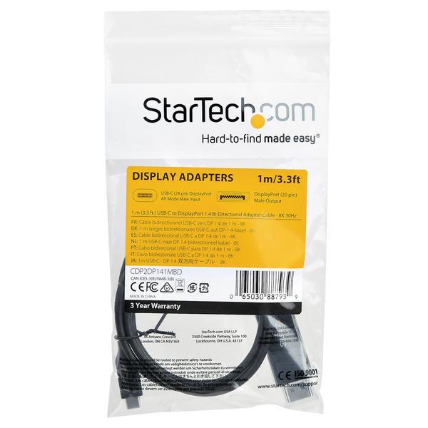 StarTech.com Câble USB Type-C vers DisplayPort 1.4 (bidirectionnel) - 1 m - Câble DisplayPort - 24 pin USB-C (M) pour DisplayPort (F) - USB 3.1 / Thunderbolt 3 / DisplayPort 1.4 - 1 m - actif, support pour 8K UHD (7680 x 4320) - noir