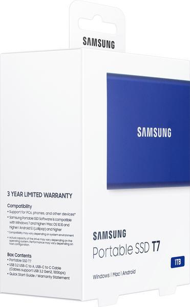 Samsung T7 MU-PC1T0H - SSD - chiffré - 1 To - externe (portable) - USB 3.2 Gen 2 (USB-C connecteur) - AES 256 bits - bleu indigo