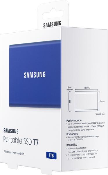Samsung T7 MU-PC1T0H - SSD - chiffré - 1 To - externe (portable) - USB 3.2 Gen 2 (USB-C connecteur) - AES 256 bits - bleu indigo