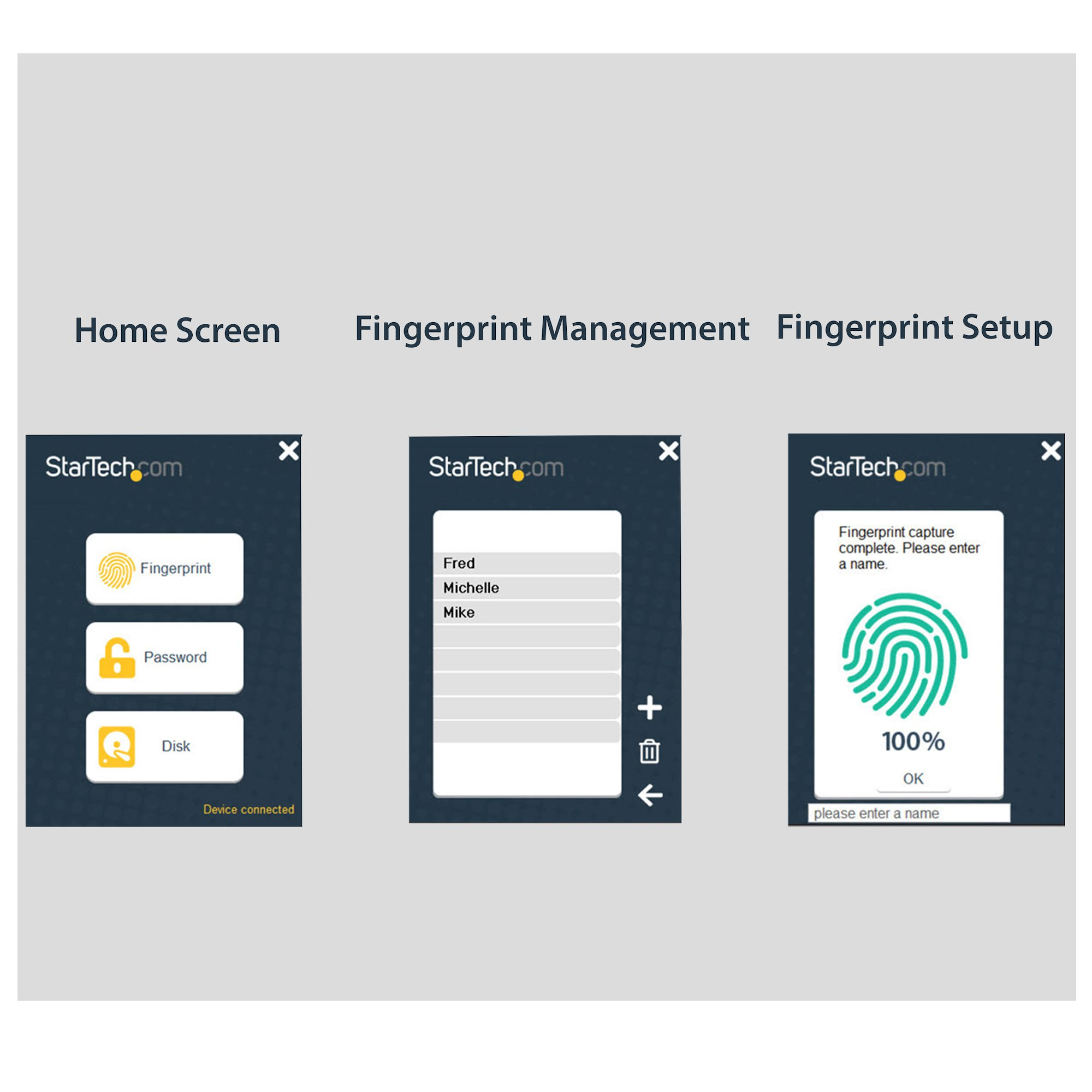 StarTech.com Boîtier de disque dur SATA de 2,5" crypté - Accès par empreinte digitale - Boitier externe - 2.5" - SATA 6Gb/s - USB 3.0 - noir - Conformité TAA