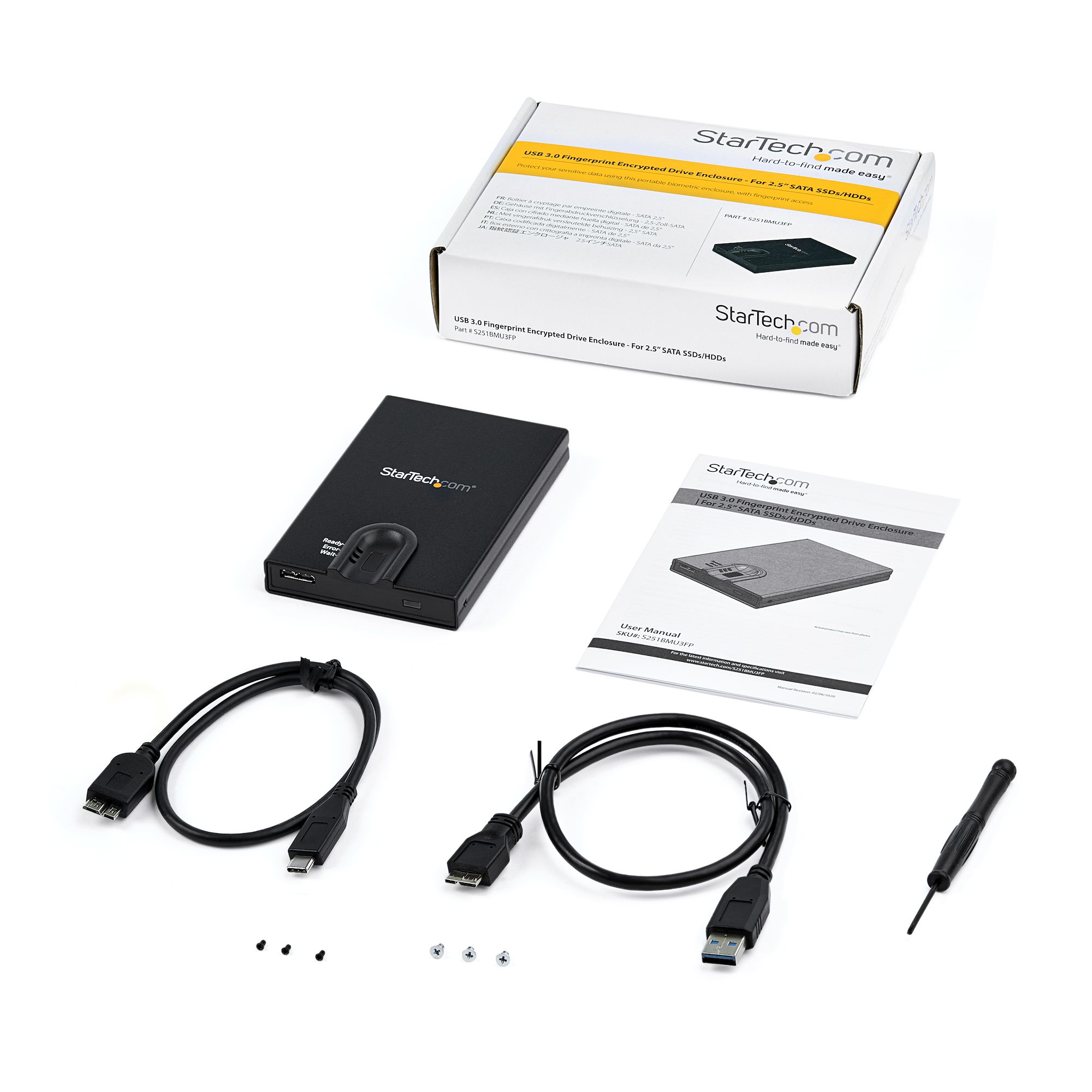 StarTech.com Boîtier de disque dur SATA de 2,5" crypté - Accès par empreinte digitale - Boitier externe - 2.5" - SATA 6Gb/s - USB 3.0 - noir - Conformité TAA