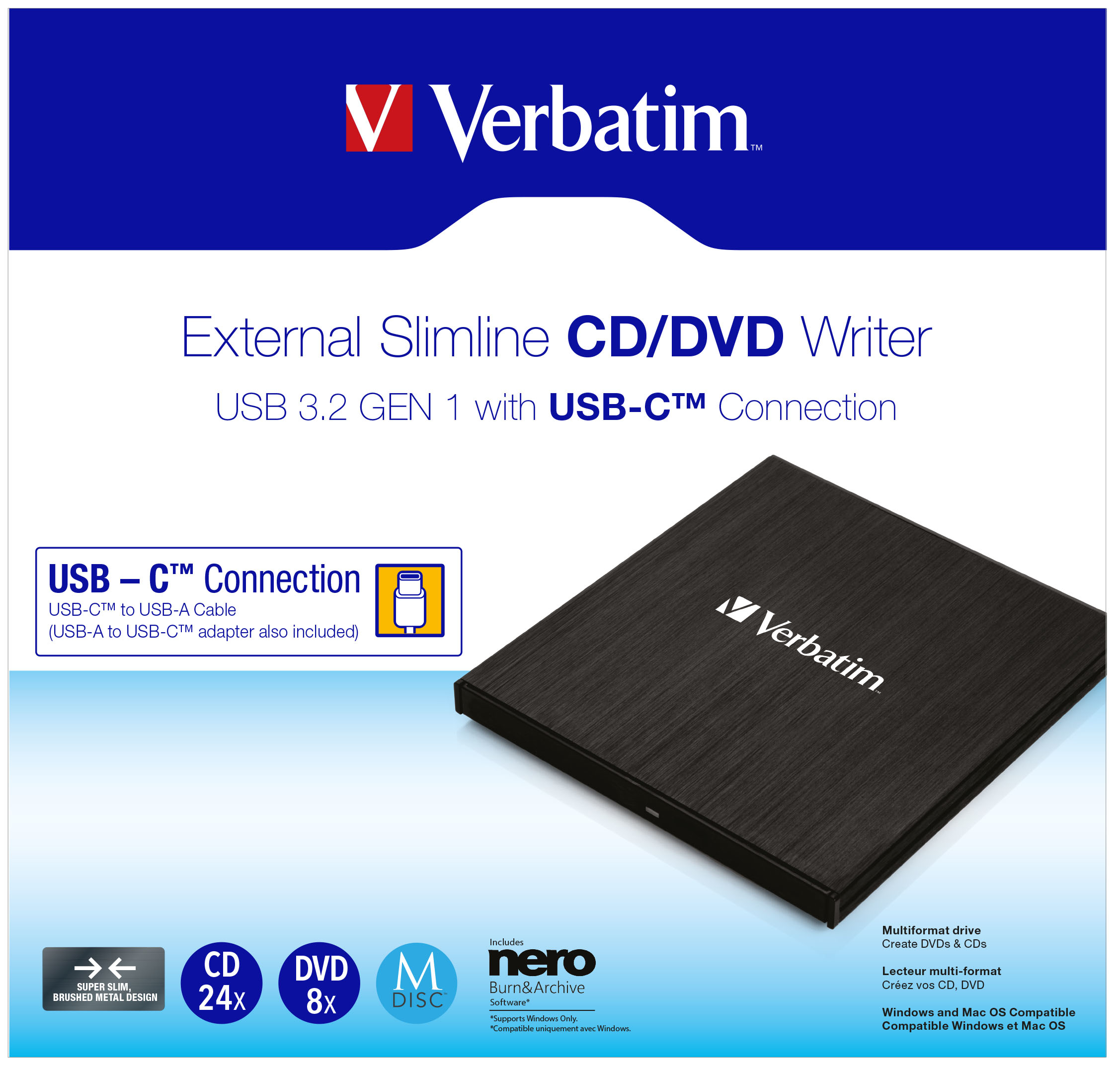 Verbatim Slimline - Lecteur de disque - DVD±RW (±R DL) - 8x - USB 3.2 Gen 1 - externe
