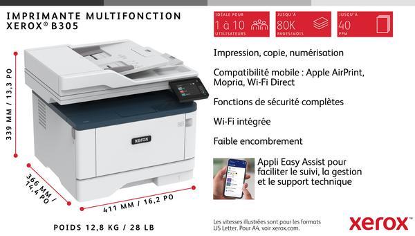 Xerox B305V_DNI - Imprimante multifonctions - Noir et blanc - laser - Legal (216 x 356 mm) (original) - A4/Legal (support) - jusqu'à 38 ppm (copie) - jusqu'à 38 ppm (impression) - 350 feuilles - USB 2.0, LAN, Wi-Fi(n) - programme de retours Green World Al