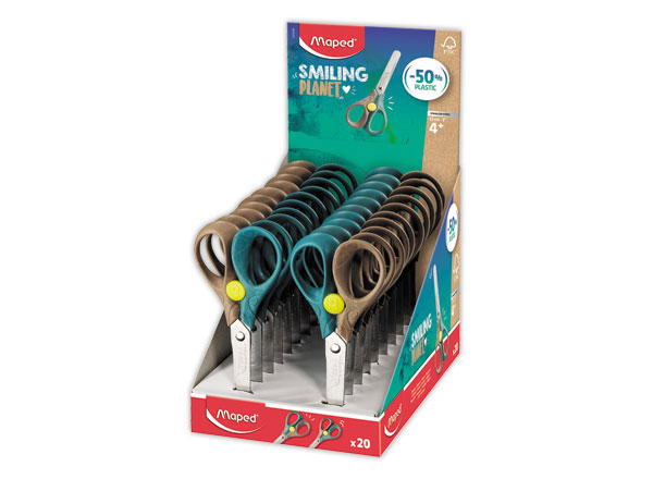 1 Ciseaux SECURITY 13 cm SMILING PLANET,bouton de sécurité, en bois FSC