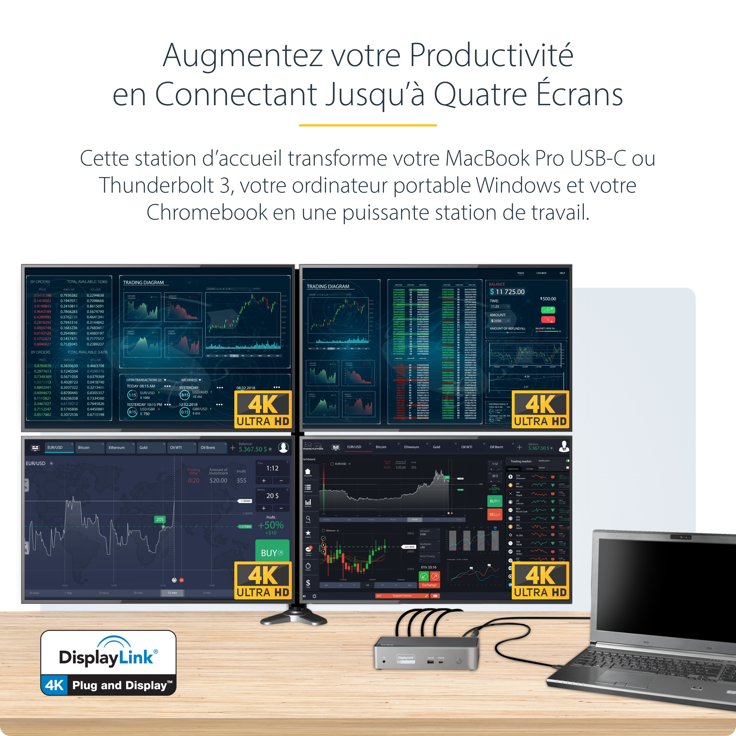 StarTech.com Dock USB-C - Quadruple Écran DP/HDMI - 1x USB-C & 3x USB-A - Station d'accueil - USB-C 3.2 Gen 2 / Thunderbolt 3 - 4 x DP, 4 x HDMI - 1GbE