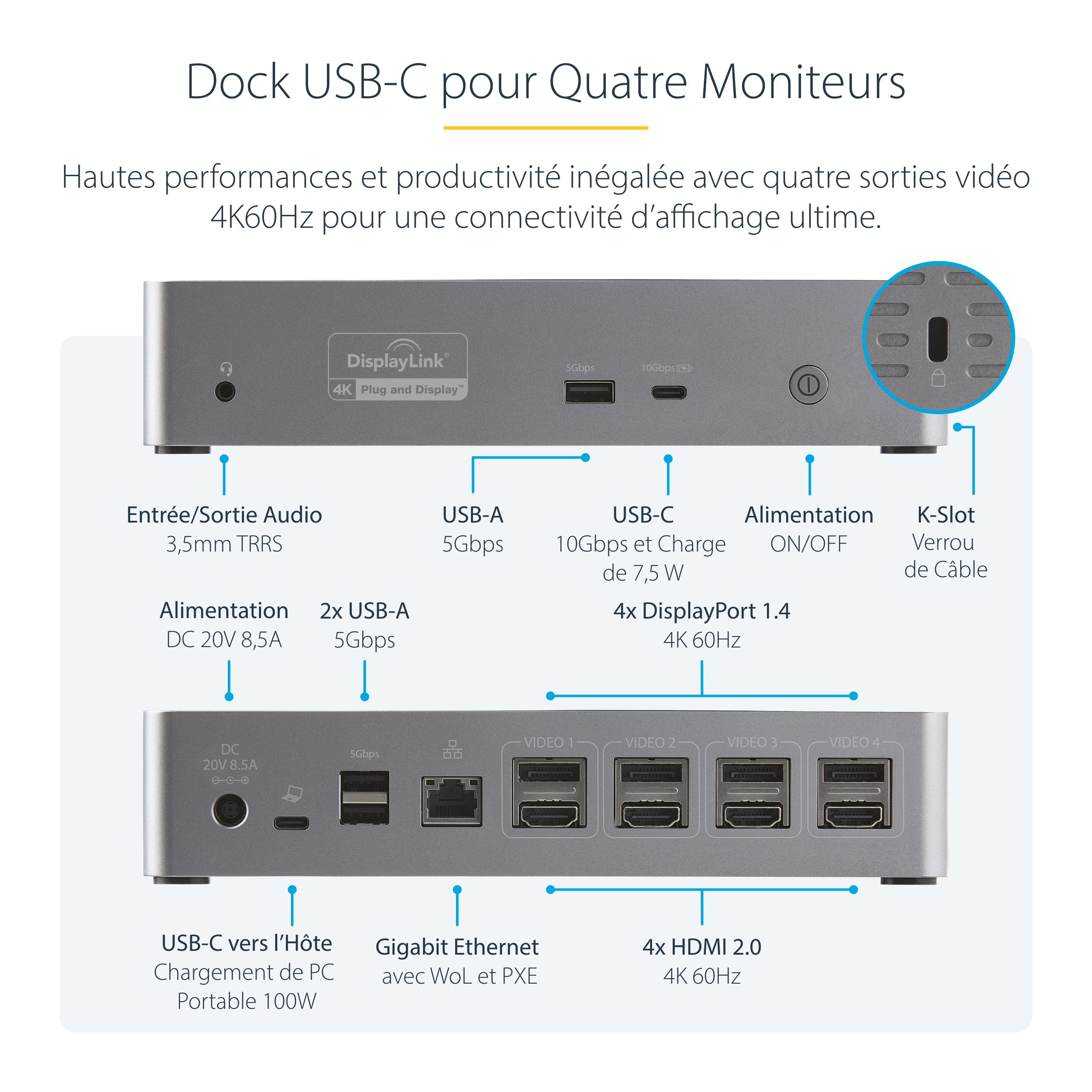 StarTech.com Dock USB-C - Quadruple Écran DP/HDMI - 1x USB-C & 3x USB-A - Station d'accueil - USB-C 3.2 Gen 2 / Thunderbolt 3 - 4 x DP, 4 x HDMI - 1GbE
