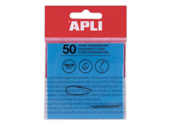 1 Paquet 50 feuilles de notes adhésives transparentes 75x75 mm bleues