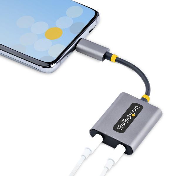 StarTech.com Adaptateur Casque USB-C, Double Casque USB-C avec Entrée Mic - Répartiteur audio - 24 pin USB-C mâle droit pour jack mini femelle droit - 7 cm - noir, gris sidéral