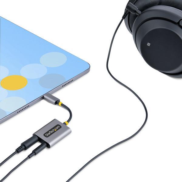 StarTech.com Adaptateur Casque USB-C, Double Casque USB-C avec Entrée Mic - Répartiteur audio - 24 pin USB-C mâle droit pour jack mini femelle droit - 7 cm - noir, gris sidéral