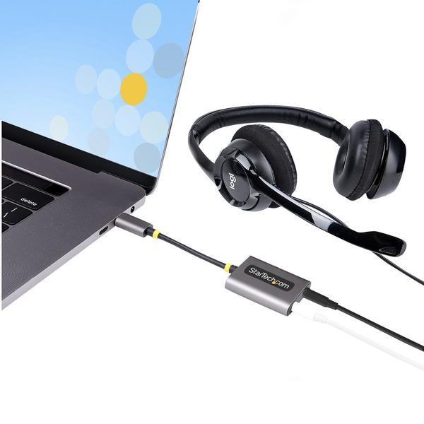 StarTech.com Adaptateur Casque USB-C, Double Casque USB-C avec Entrée Mic - Répartiteur audio - 24 pin USB-C mâle droit pour jack mini femelle droit - 7 cm - noir, gris sidéral