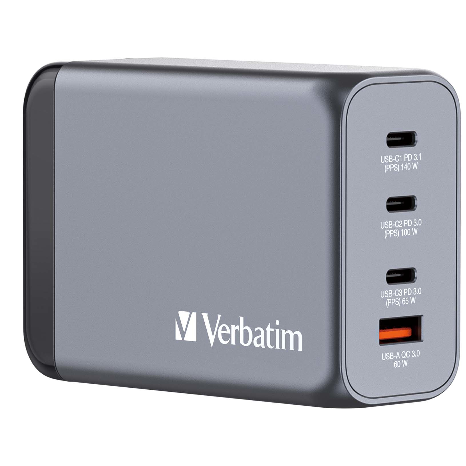 Verbatim - Adaptateur secteur - GaN - 240 Watt - 5 A - Power Delivery 3.1, QC 3.0, PD 3.0, PD/PPS - 4 connecteurs de sortie (3 x USB-C, USB type A)