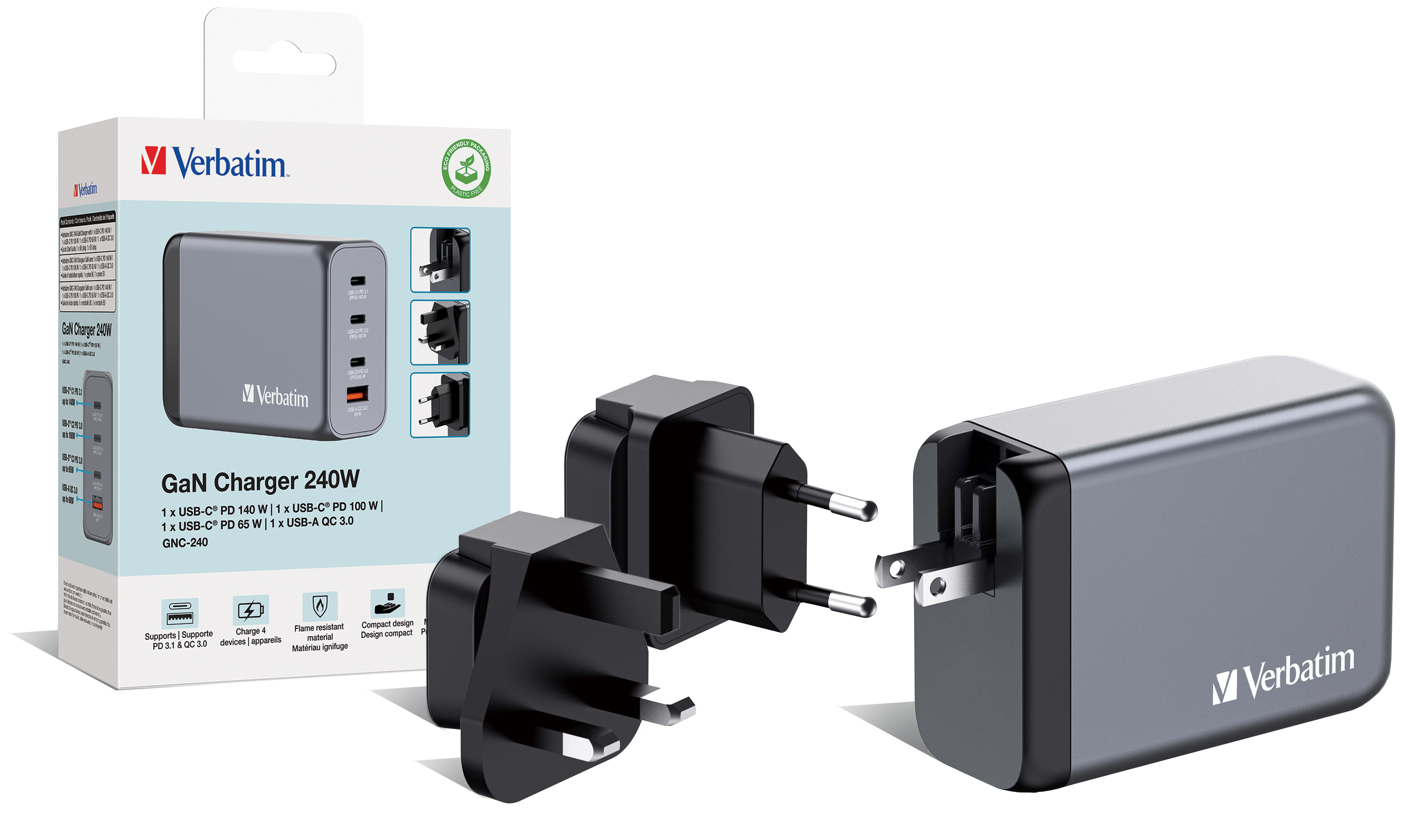 Verbatim - Adaptateur secteur - GaN - 240 Watt - 5 A - Power Delivery 3.1, QC 3.0, PD 3.0, PD/PPS - 4 connecteurs de sortie (3 x USB-C, USB type A)