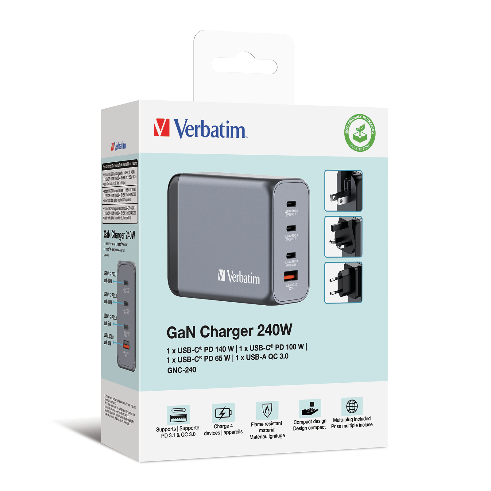 Verbatim - Adaptateur secteur - GaN - 240 Watt - 5 A - Power Delivery 3.1, QC 3.0, PD 3.0, PD/PPS - 4 connecteurs de sortie (3 x USB-C, USB type A)