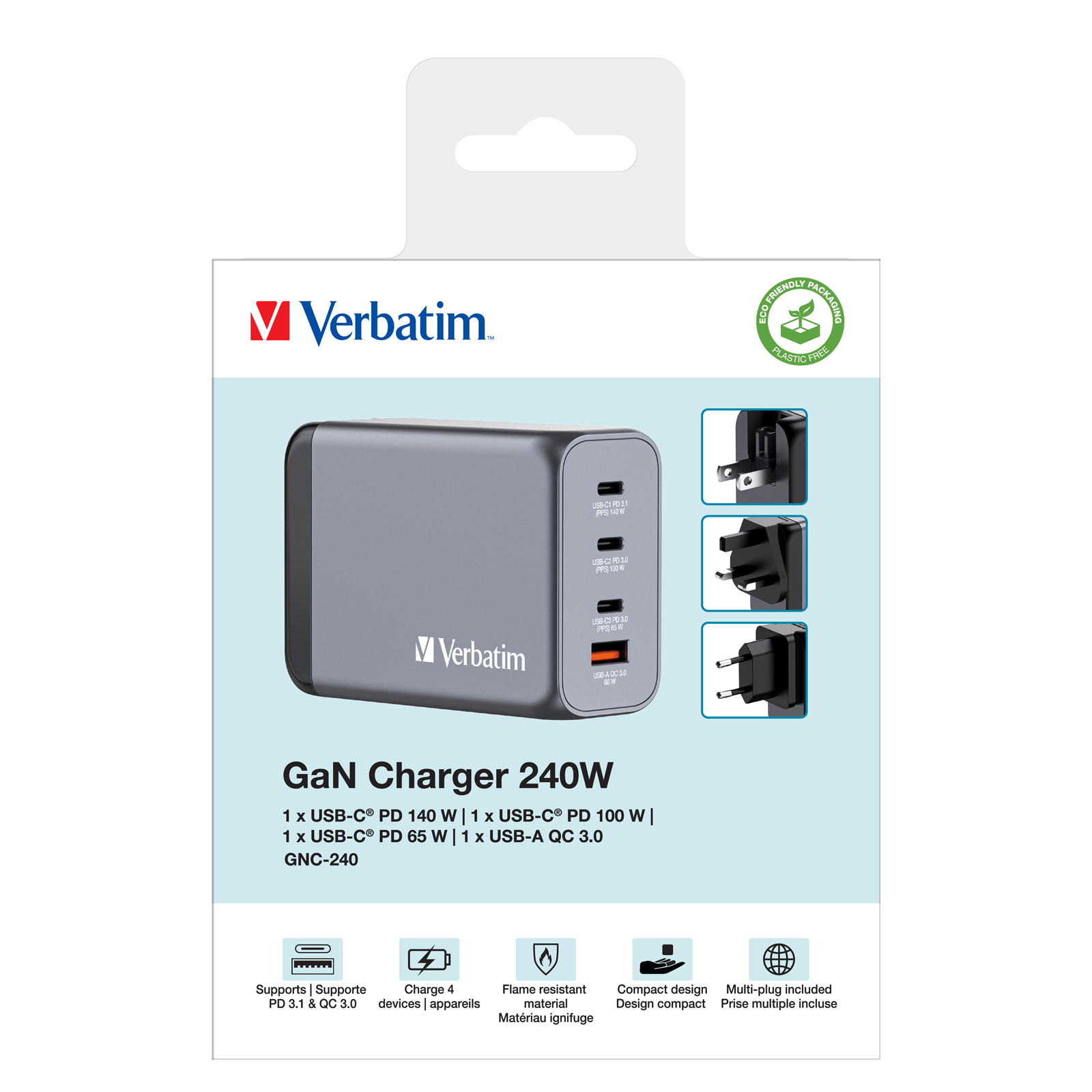 Verbatim - Adaptateur secteur - GaN - 240 Watt - 5 A - Power Delivery 3.1, QC 3.0, PD 3.0, PD/PPS - 4 connecteurs de sortie (3 x USB-C, USB type A)
