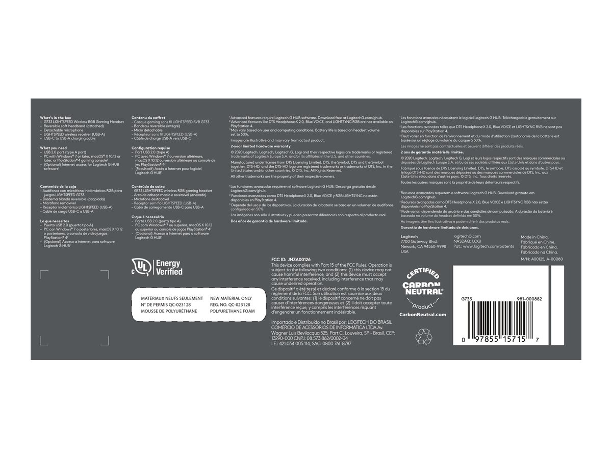 LOGITECH G G733 LIGHTSPEED Wireless RGB Gaming Headset Headset full size 2.4 GHz wireless white