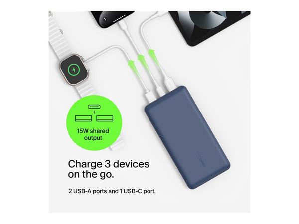 BELKIN Powerbank 20K 15W USB-C + 2 USB-A Bleu