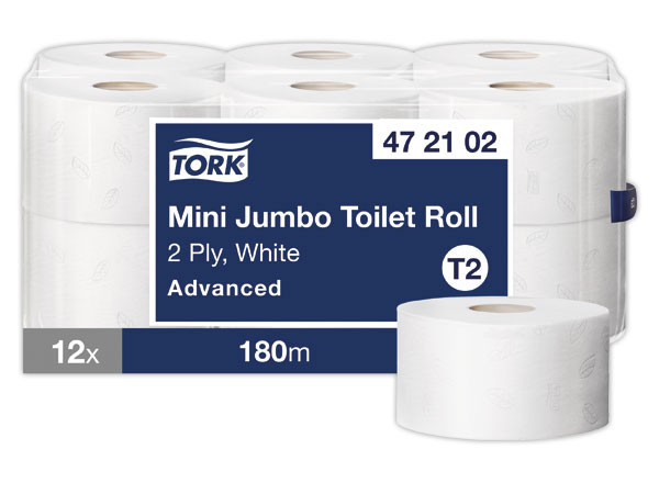 1 Carton de 12 Mini-bobines de papier toilette ouate blanche Jumbo Tork 170 mètres