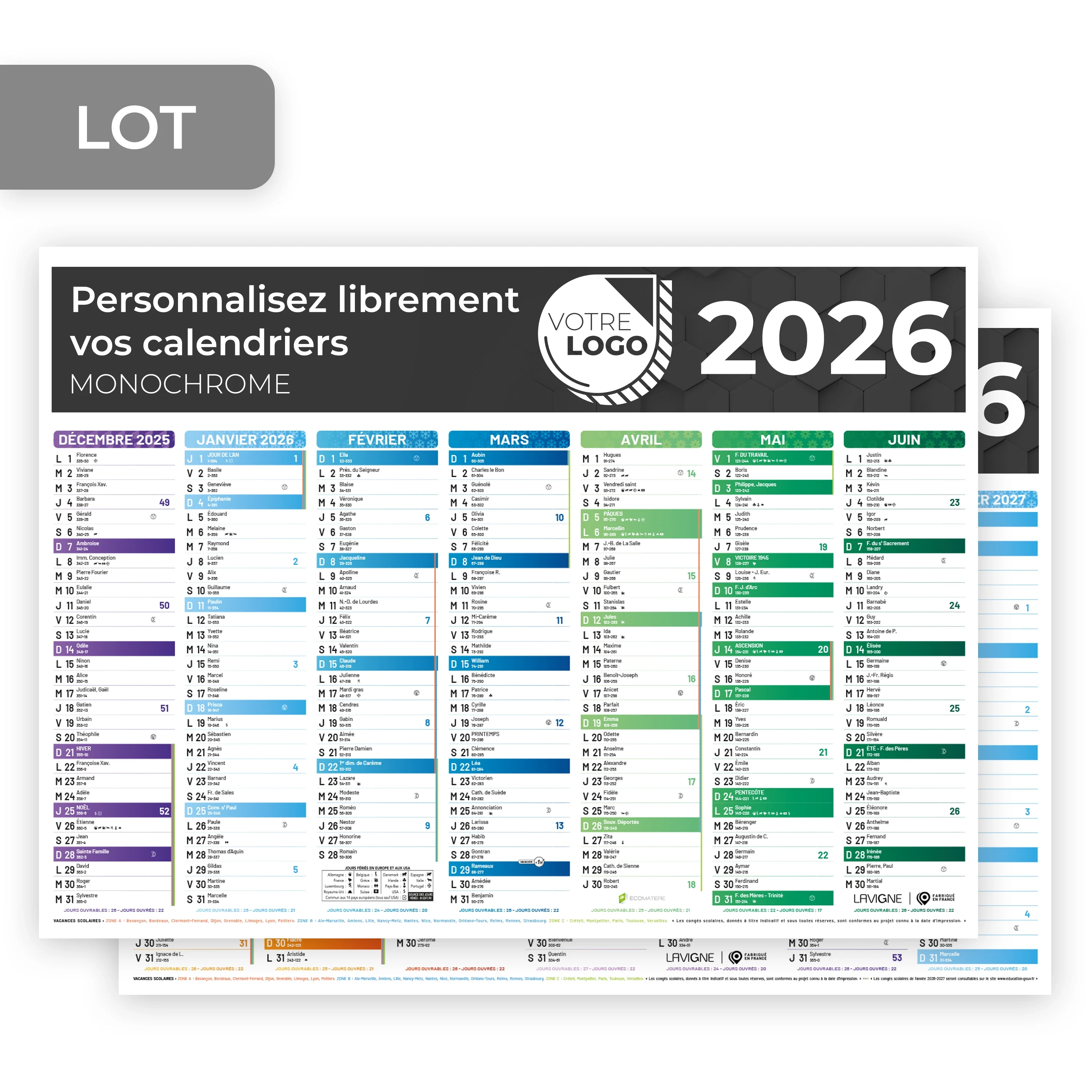 CALENDRIER MONOCHROME  (53 x 40,5 CM) - PERSONNALISABLE