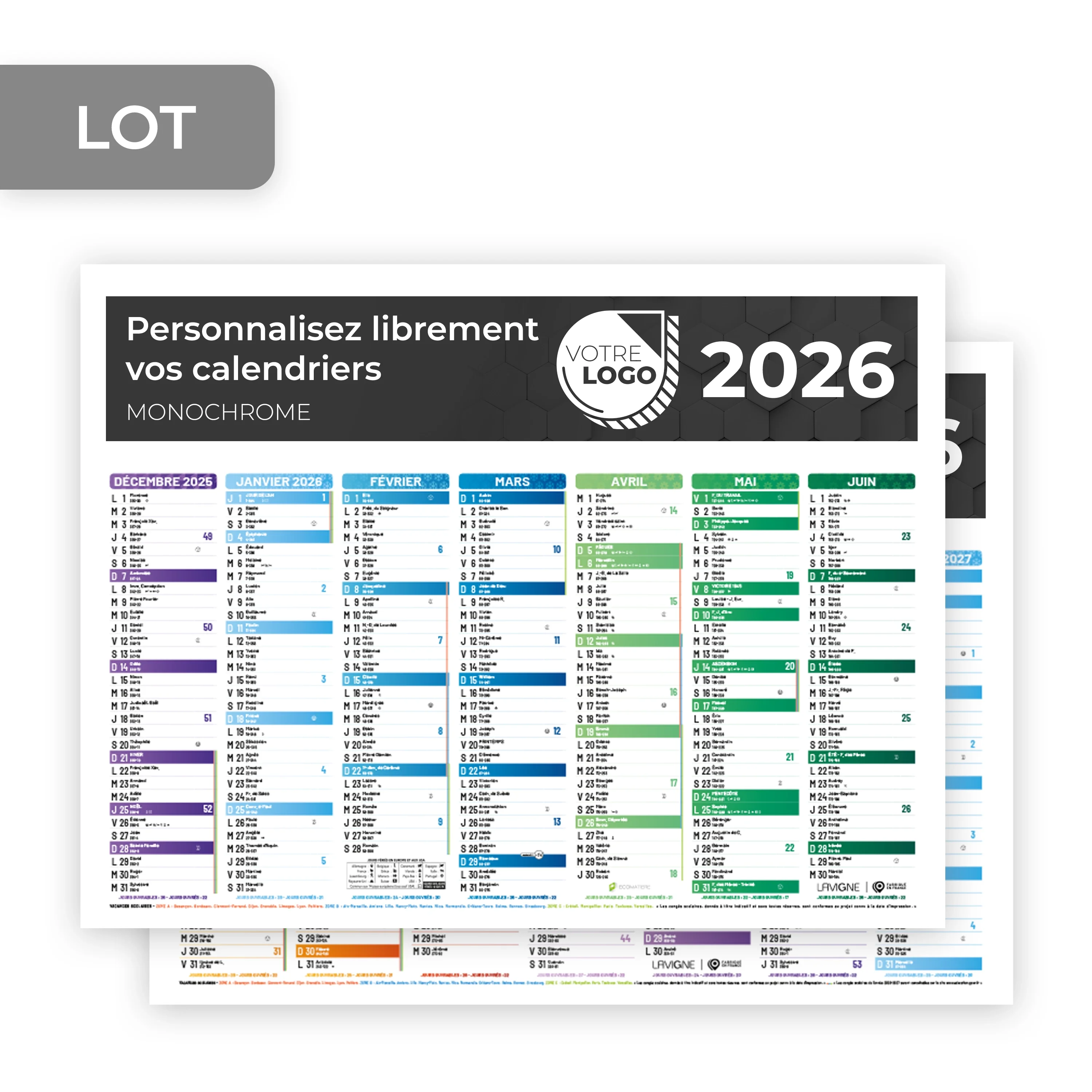 CALENDRIER MONOCHROME PETIT FORMAT (21 X 27 CM) - PERSONNALISABLE