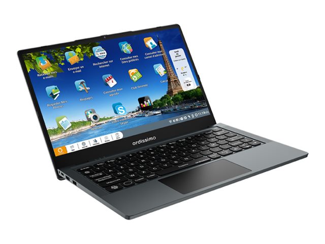 Portable Agathe 4 14 Ordissimo Processeur Intel Pentium N5030 1,1 GH /  4Go RAM / Disque dur SSD 128 Go / Écran 14,1 soit 35,8 cm (diagonale) / Résolution 1920 x 1080 IPS / 1 x HDMI  / Wi-Fi 802.11 ac + Bluetooth 5.1 / Haut-parleurs et micro intégrés /