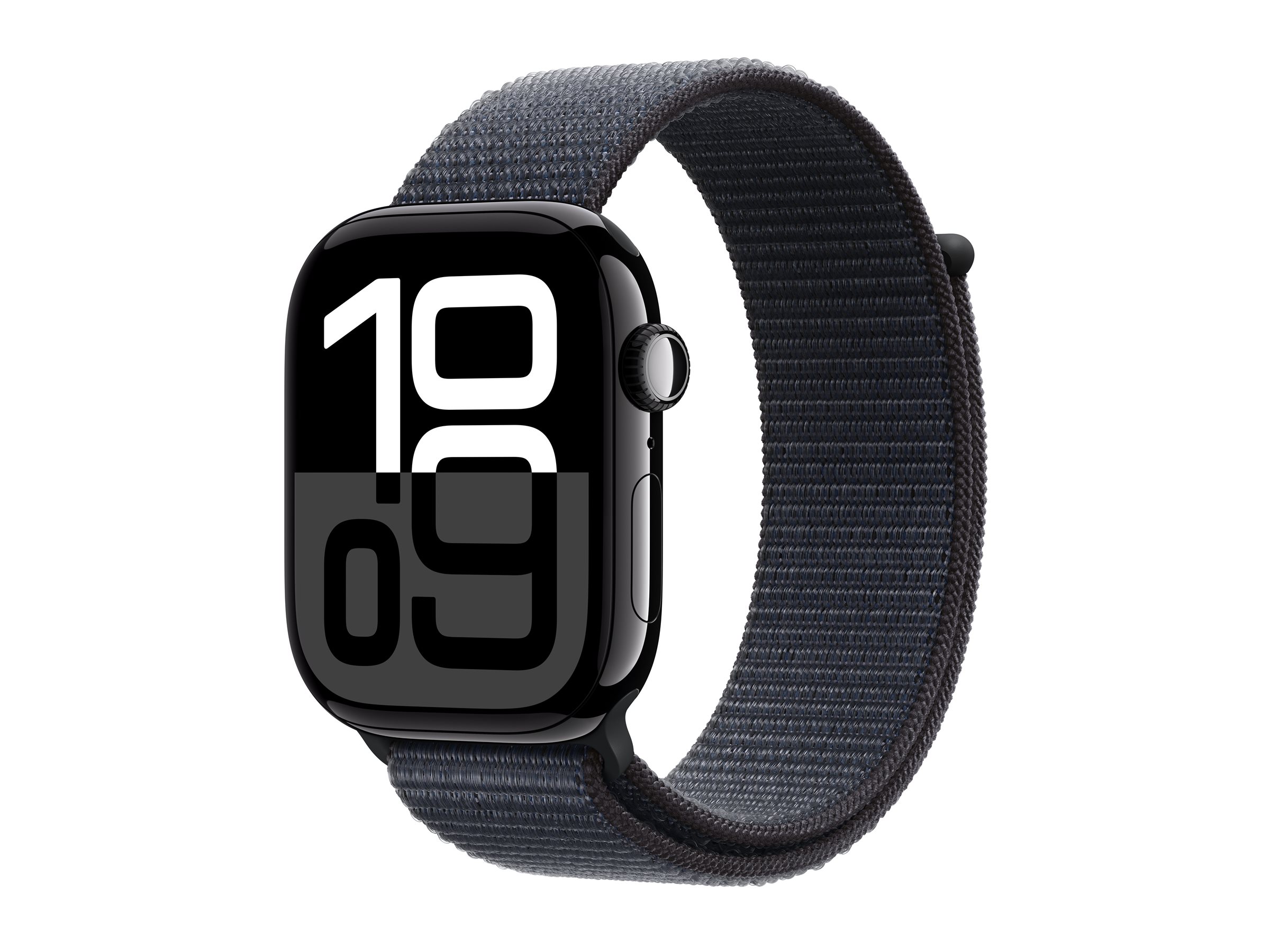 Apple Watch Series 10 (GPS) - 46 mm - aluminium noir jais - montre intelligente avec boucle sport - deux couches de matières textiles tissées - encre - taille du poignet : 130-200 mm - 64 Go - Wi-Fi 4, UWB, Bluetooth - 36.4 g