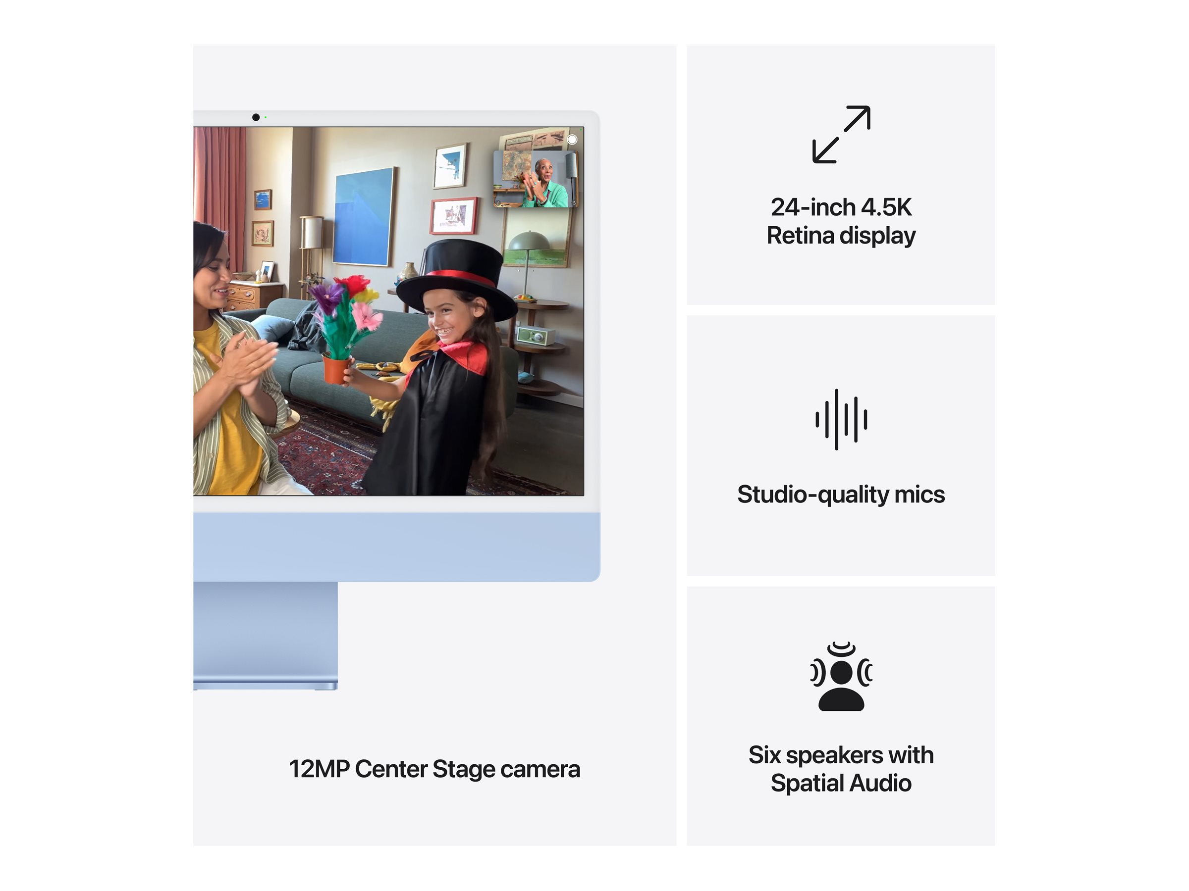 Apple iMac with 4.5K Retina display - Tout-en-un M4 - RAM 16 Go - SSD 256 Go - Apple M4 10-core - Gigabit Ethernet, IEEE 802.11ax (Wi-Fi 6E), Bluetooth 5.3 - macOS Sequoia 15.0 - moniteur : LED 24" 4480 x 2520 (4.5K) - clavier : Français - bleu