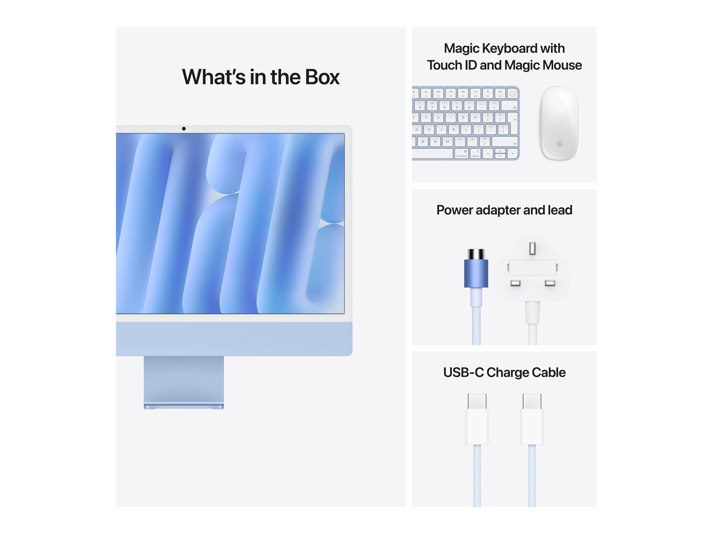 Apple iMac with 4.5K Retina display - Tout-en-un M4 - RAM 16 Go - SSD 256 Go - Apple M4 10-core - Gigabit Ethernet, IEEE 802.11ax (Wi-Fi 6E), Bluetooth 5.3 - macOS Sequoia 15.0 - moniteur : LED 24" 4480 x 2520 (4.5K) - clavier : Français - bleu