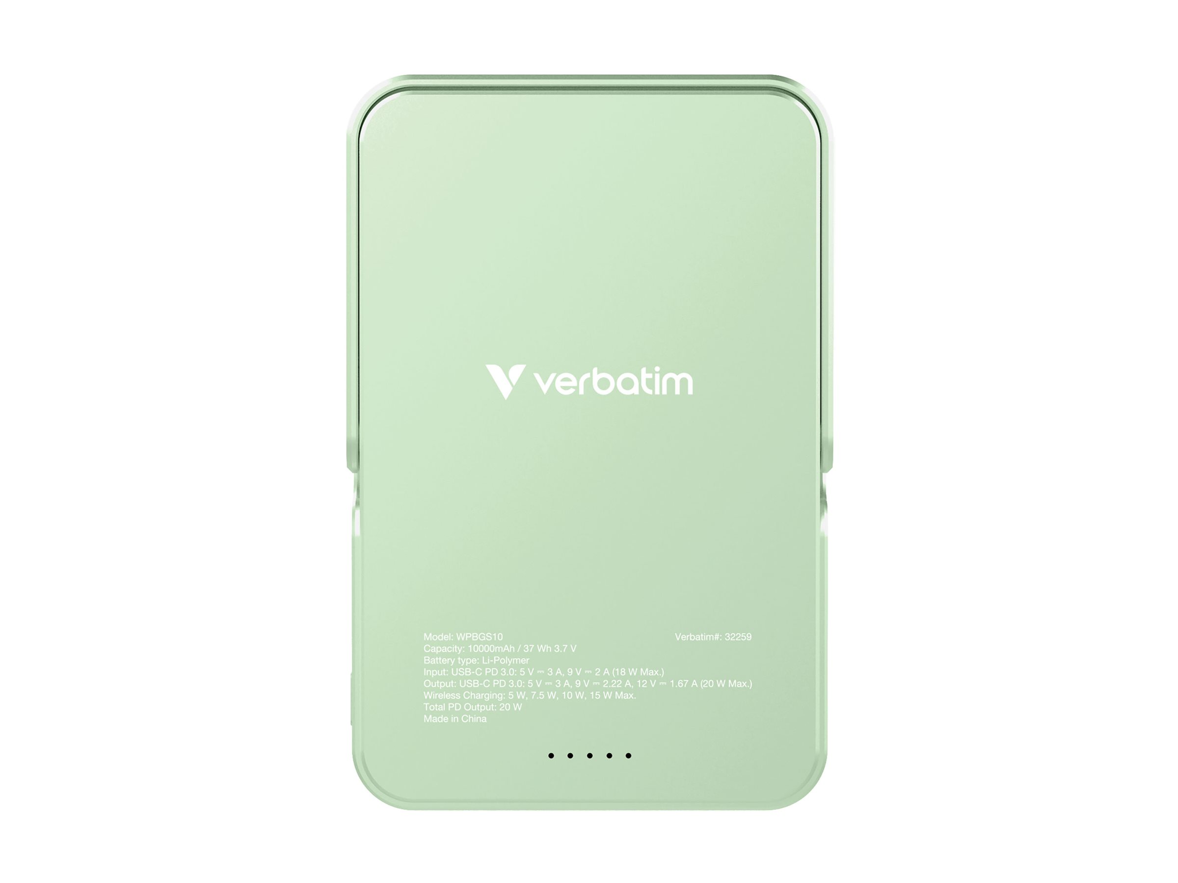 Verbatim Charge 'n' Go - Banque d'alimentation sans fil - magnétique, avec support - Li-pol - 10000 mAh - 20 Watt - 3 A - PD (24 pin USB-C) - vert