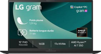 LG gram 15Z80T-G.AZ78F - AMD Ryzen AI 7 - 350 / jusqu'à 5 GHz - Win 11 Pro - Radeon 860M - 16 Go RAM - 1 To SSD NVMe - 15" IPS 1920 x 1080 (Full HD) - Wi-Fi 6E, Bluetooth - Noir vitreux - clavier : Français