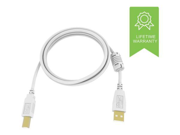 Connecteurs plaqués or - noyau de ferrite à une extrémité - bande passante 480 Mbps - blindage tressé couvrant plus de 65 pour cent - USB-A (m) vers USB-B (m) - diamètre extérieur 4,8 mm - 28+24 AWG - 3 m - blanc
