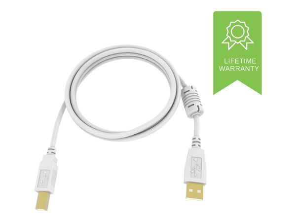 Connecteurs plaqués or - noyau de ferrite à une extrémité - bande passante 480 mbps - couverture de blindage tressé de plus de 65 pour cent - USB-A (m) vers USB-B (m) - diamètre extérieur 4,8 mm - 28+24 AWG - 5 m - blanc