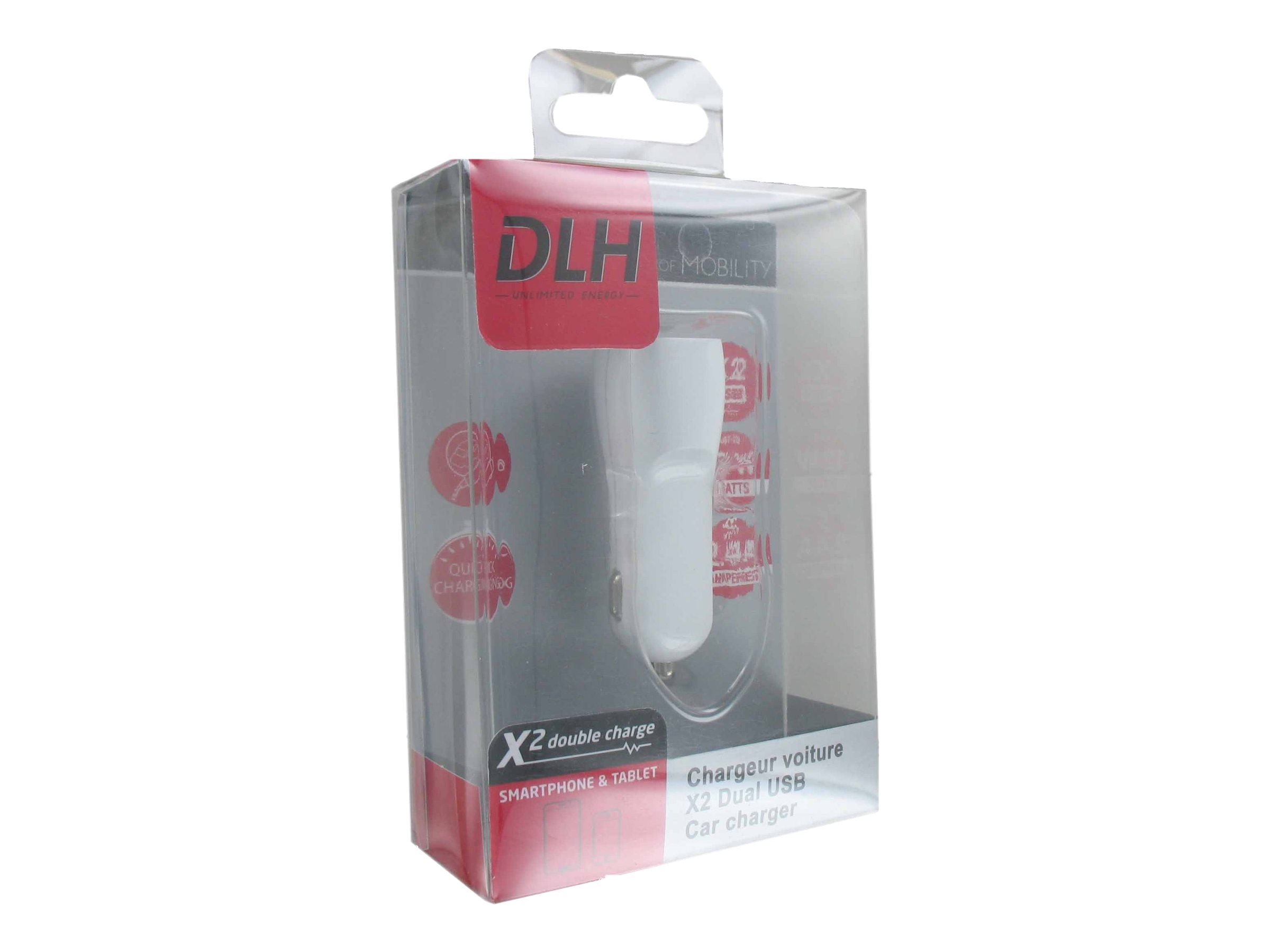 DLH DY-AU2314W - Adaptateur d'alimentation pour voiture - 12 Watt - 2.4 A - 2 connecteurs de sortie (USB) - blanc