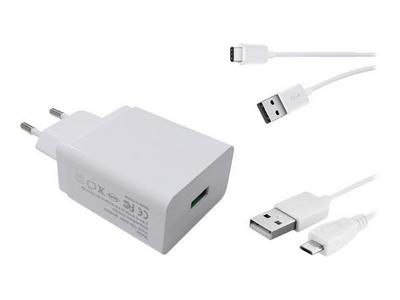CHARGEUR SECTEUR USB 20W QUICK CHARGE QUALCOMM 3.0 AVEC UN CABLE USB TYPE-C ET UN CABLE MICRO USB. 1 port USB Quick Charge Qualcomm 3.0. Ampérage max: 3A. Livré avec cables USB-C et Micro USB. Compatible tablettes et smartphones.
