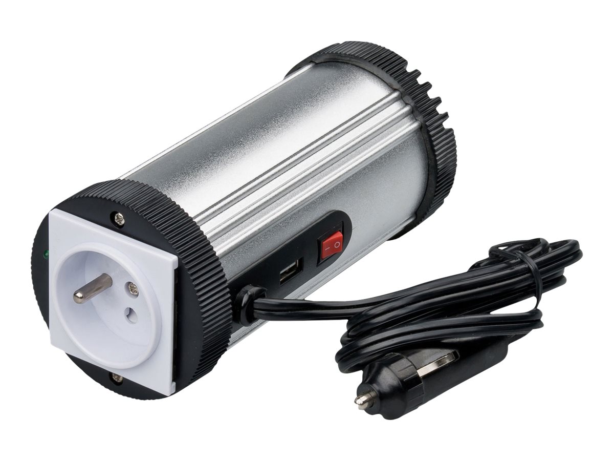 CONVERTISSEUR DE PRISE ALLUME-CIGARE 12V/220V UNIVERSEL 150W AVEC PORT USB 2,1A. Format canette. Cable 65cm. Protection anti-électrocution. Port USB 2.1A. Boitier argent. Compatible tout appareil consommant jusque 160W.