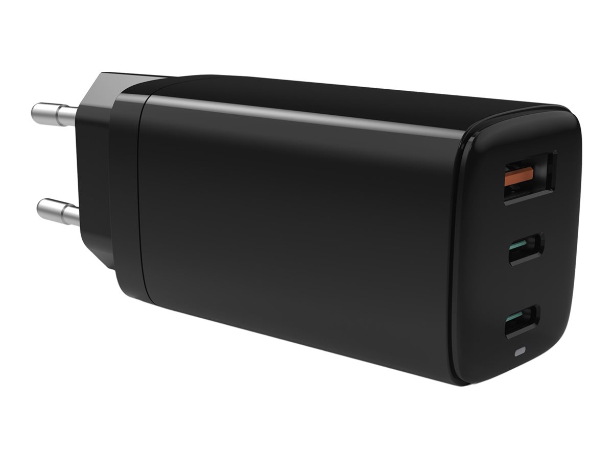 Alimentation secteur GaN 65W avec 2 ports USB-C Power Delivery et 1 port USB-A - Puissance totale 65W max - Technologie GaN : taille compacte et charge rapide - Cable USB-C vers USB-C 1.8m - Noir - Chargeur pour PC portables, tablettes et smartphones