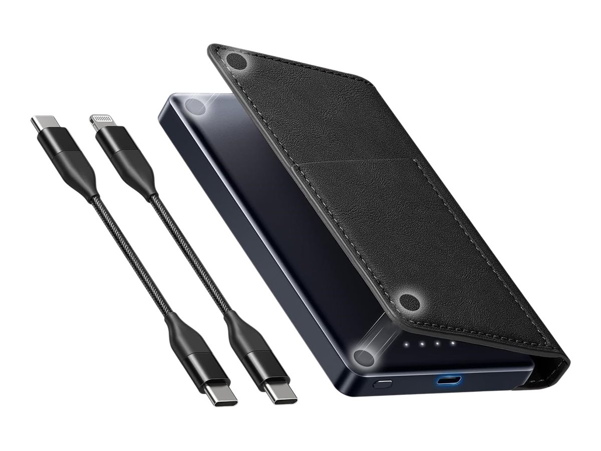 Batterie externe folio porte cartes 5 000mAh USB-C 12W - Entrée/Sortie USB-C (12W max) - Câbles USB-C (M) vers USB-C (M) et USB-C (M) vers Lightning (M) 12cm fournis - Powerbank pour smartphones