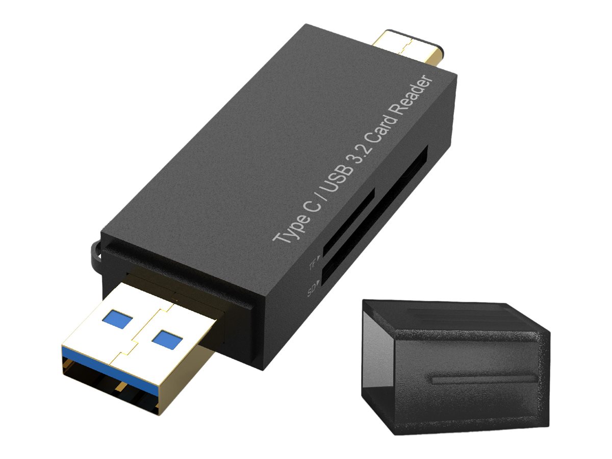 Lecteur de carte SD / Micro SD USB-C et USB-A - Plug and Play - Lecture simultanée de 2 cartes mémoires - Format compact - Livré avec dragonne - Noir