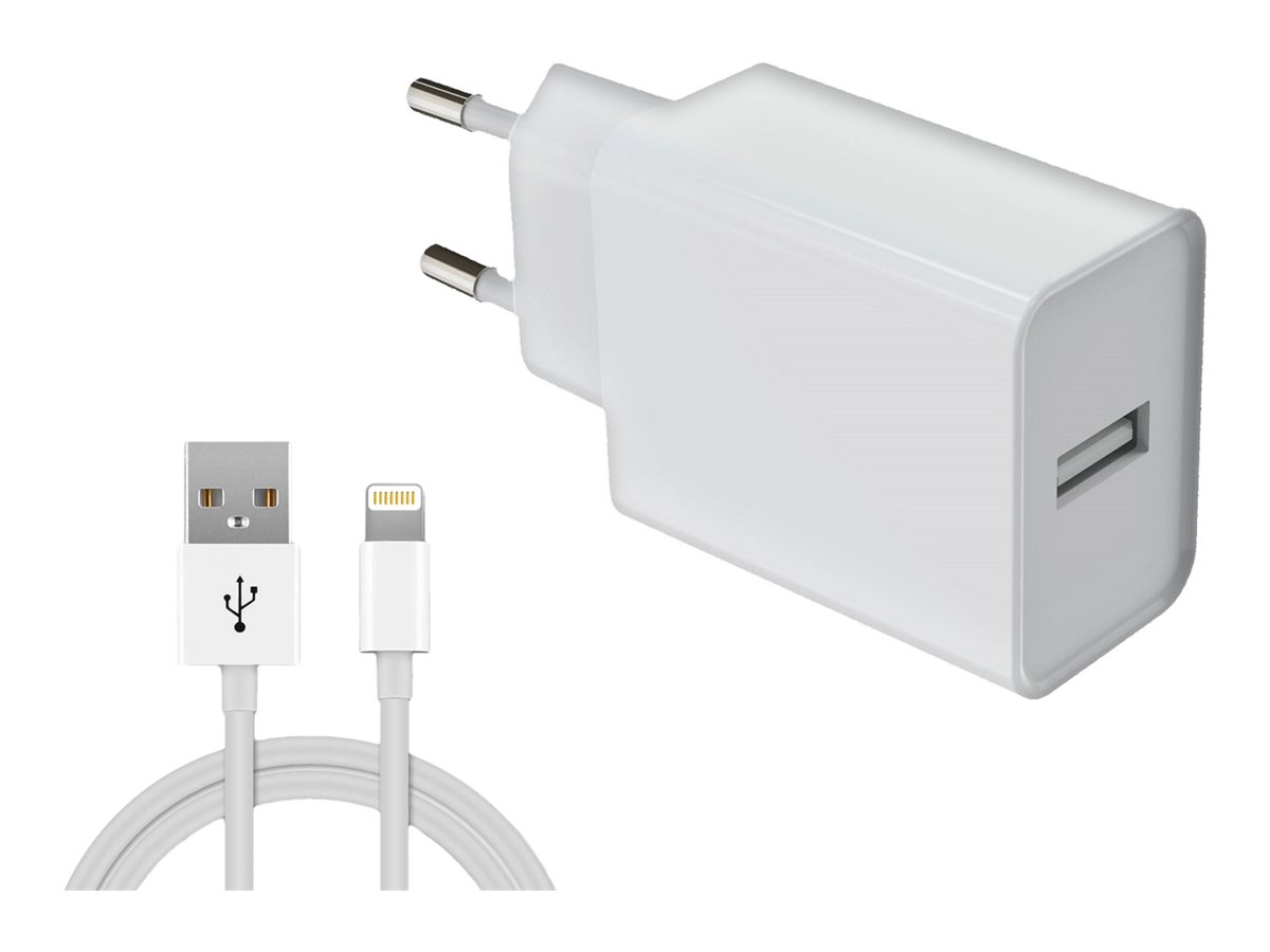 Chargeur secteur USB-A 12W avec câble APPLE Lightning - 1 port USB-A : 5V 2.4A (12W) - Longueur de câble : 1m - Blanc - Compatible smartphones et tablettes